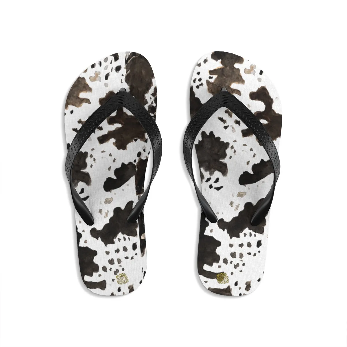 White Brown Cow Flip Flops, Black Cow Print Designer Unisex Flip-Flops For Men & Women - Made in USA