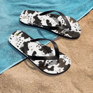 White Brown Cow Flip Flops, Black Cow Print Designer Unisex Flip-Flops For Men & Women - Made in USA