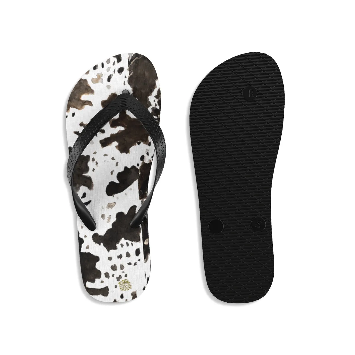 White Brown Cow Flip Flops, Black Cow Print Designer Unisex Flip-Flops For Men & Women - Made in USA