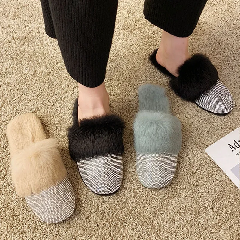 Womens Luxury Rhinestone Slippers with Faux-Fur