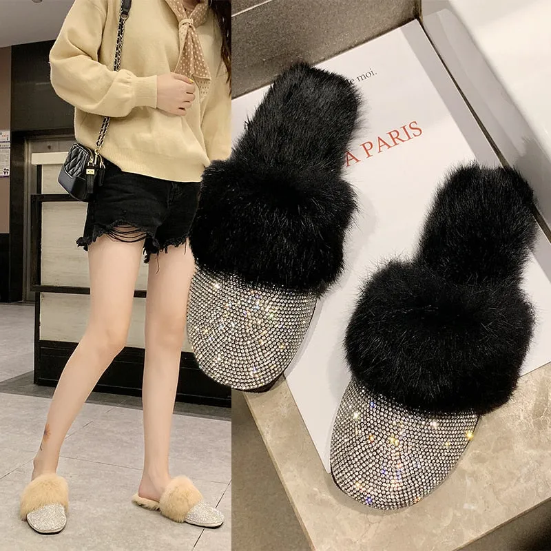 Womens Luxury Rhinestone Slippers with Faux-Fur