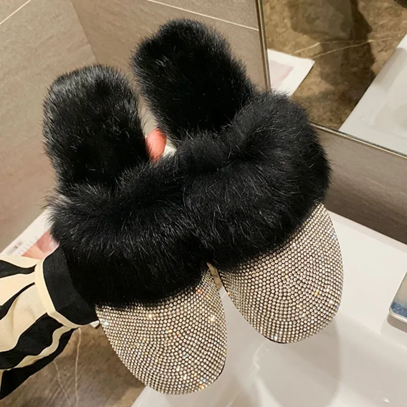 Womens Luxury Rhinestone Slippers with Faux-Fur