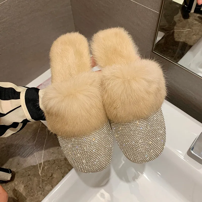 Womens Luxury Rhinestone Slippers with Faux-Fur