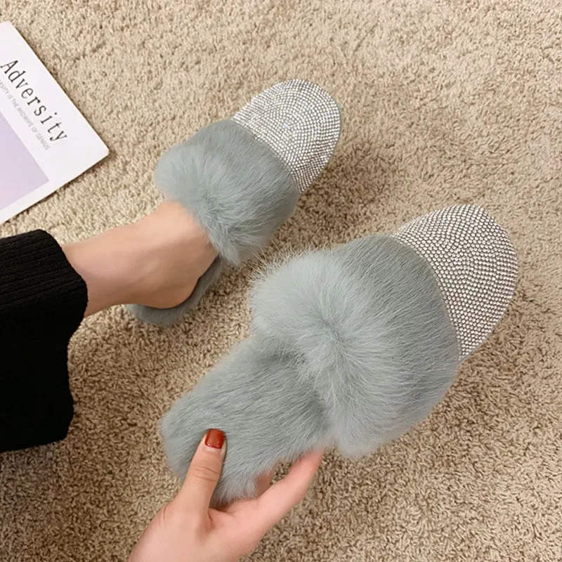 Womens Luxury Rhinestone Slippers with Faux-Fur