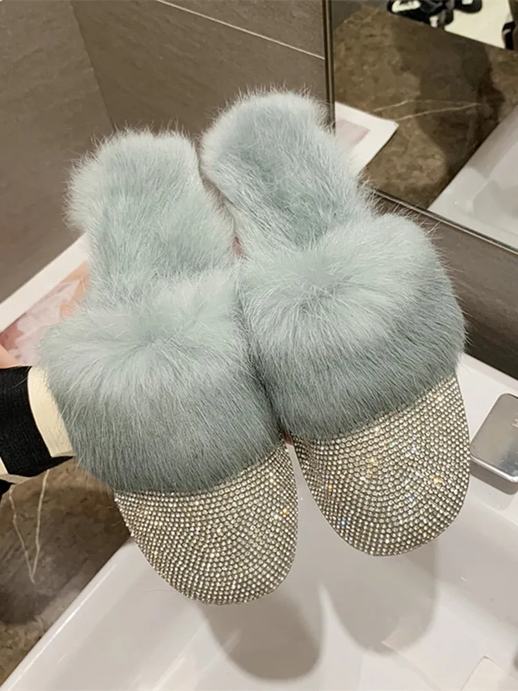 Womens Luxury Rhinestone Slippers with Faux-Fur